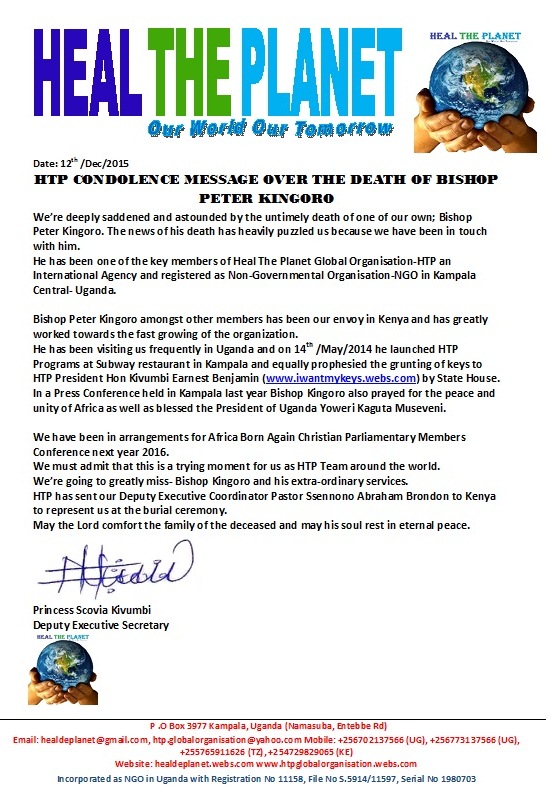 HTP CONDOLENCE MESSAGE OVER THE DEATH OF BISHOP PETER KINGORO