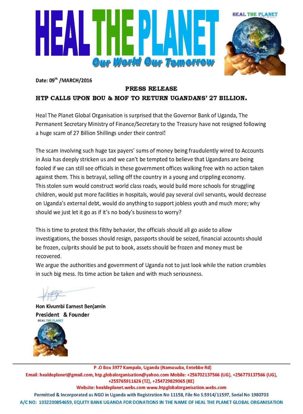 PRESS RELEASE-HTP CALLS UPON BOU &amp; MOF TO RETURN UGANDANS’ 27 BILLION.